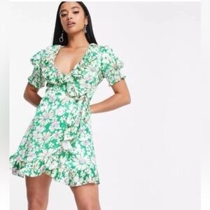Topshop Petite floral wrap daisy mini dress in green